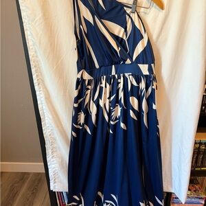 One Shoulder Elegant Navy and White Women's Dress